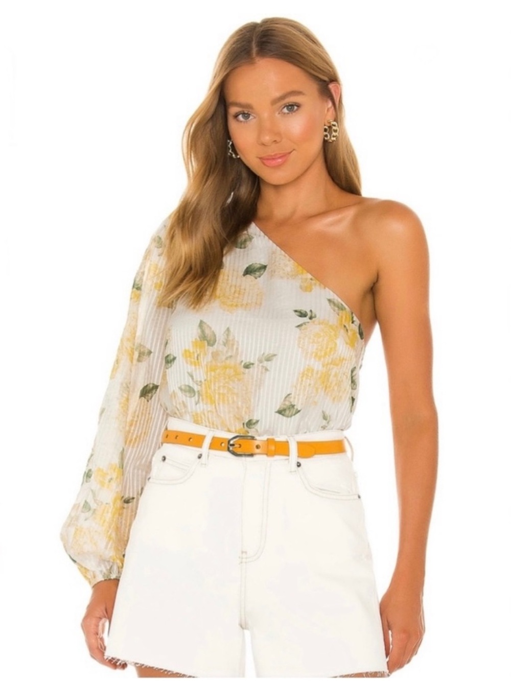 CAMI NYC REVOLVE YELLOW FLORAL PRINT ONE-SHOULDER TOP